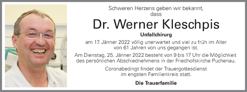  Traueranzeige für Werner Kleschpis vom 22.01.2022 aus OÖNachrichten