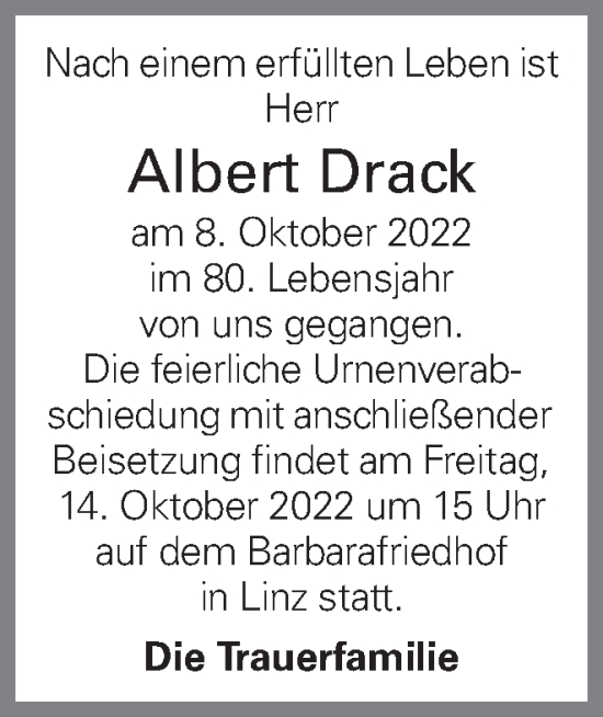 Traueranzeige von Albert Drack von OÖNachrichten