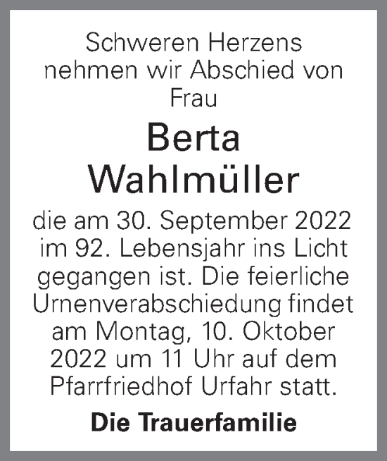 Traueranzeige von Berta Wahlmüller von OÖNachrichten