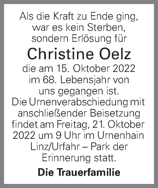 Traueranzeige von Christine Oelz von OÖNachrichten