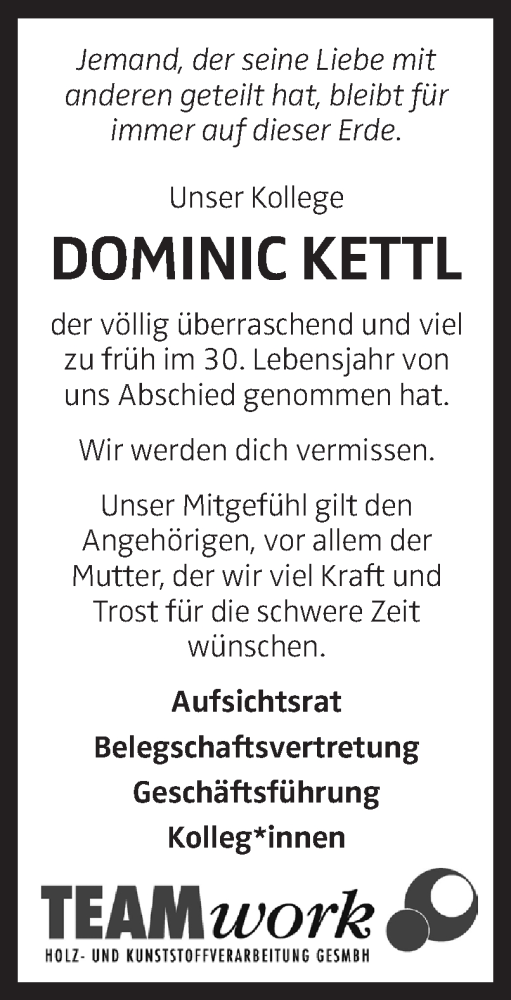Traueranzeige von Dominic Kettl von OÖNachrichten