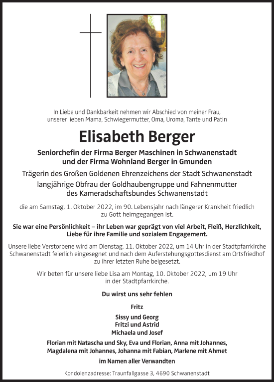 Traueranzeige von Elisabeth Berger von OÖNachrichten