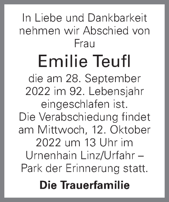 Traueranzeige von Emilie Teufl von OÖNachrichten