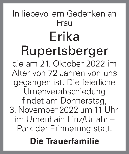 Traueranzeige von Erika Rupertsberger von OÖNachrichten