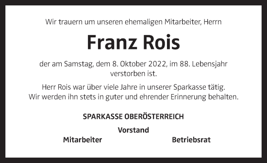 Traueranzeige von Franz Rois von OÖNachrichten