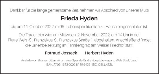 Traueranzeige von Frieda Hyden von OÖNachrichten