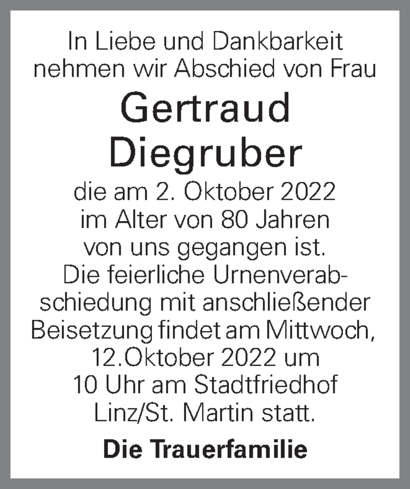  Traueranzeige für Gertraud Diegruber vom 08.10.2022 aus OÖNachrichten