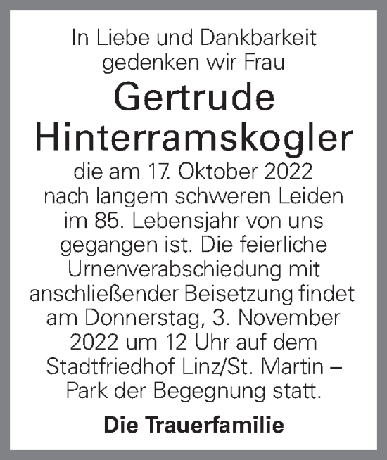 Traueranzeige von Gertrude Hinterramskogler von OÖNachrichten