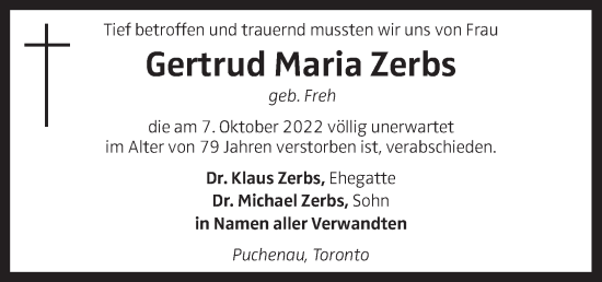 Traueranzeige von Gertrud Maria Zerbs von OÖNachrichten