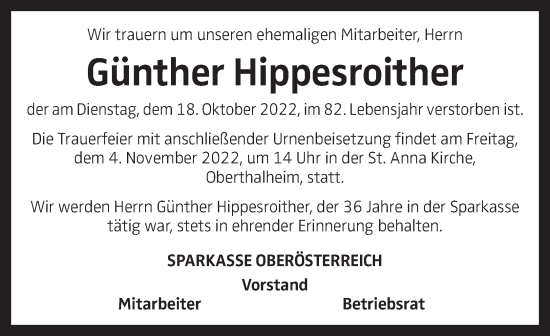 Traueranzeige von Günther Hippesroither von OÖNachrichten