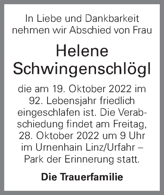 Traueranzeige von Helene Schwingenschlögl von OÖNachrichten