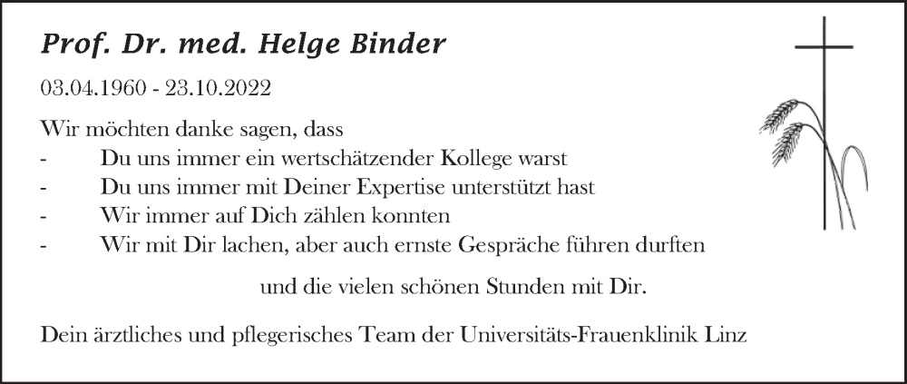 Traueranzeige für Helge Binder vom 27.10.2022 aus OÖNachrichten