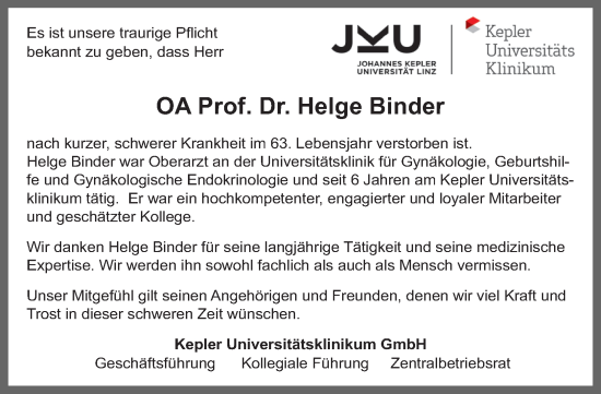 Traueranzeige von Helge Binder von OÖNachrichten