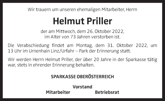 Traueranzeige von Helmut Priller von OÖNachrichten