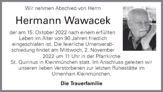 Traueranzeige von Hermann Wawacek von OÖNachrichten