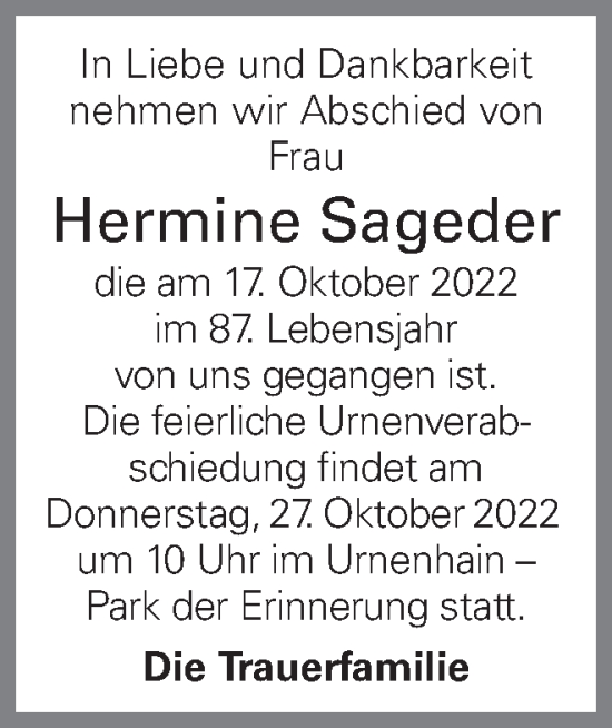 Traueranzeige von Hermine Sageder von OÖNachrichten