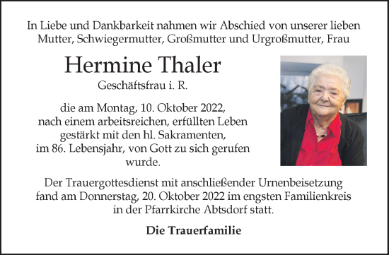 Traueranzeige von Hermine Thaler von OÖNachrichten