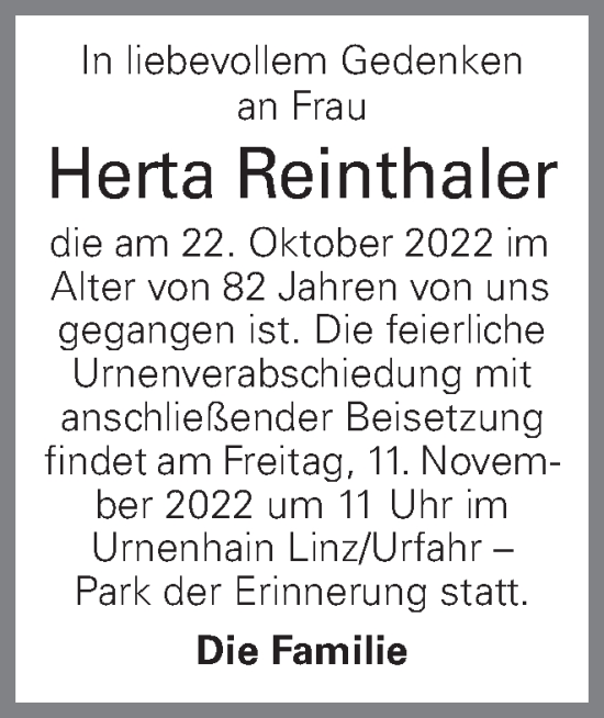 Traueranzeige von Herta Reinthaler von OÖNachrichten