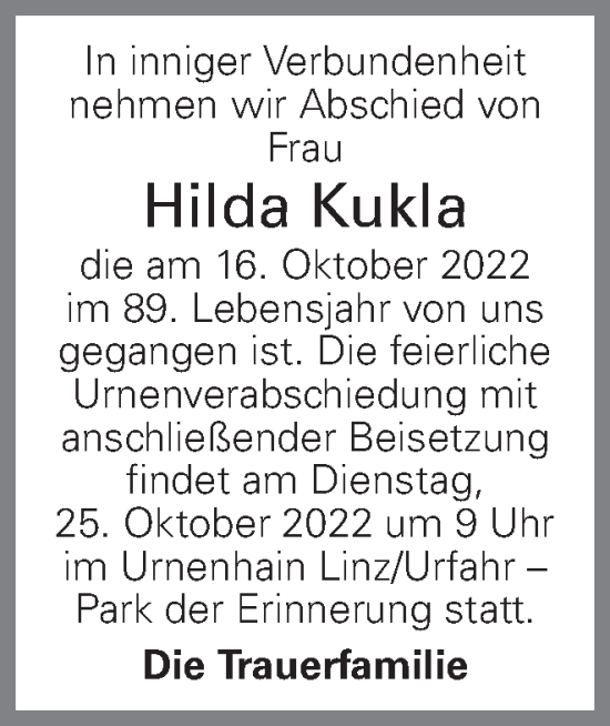 Traueranzeige von Hilda Kukla von OÖNachrichten