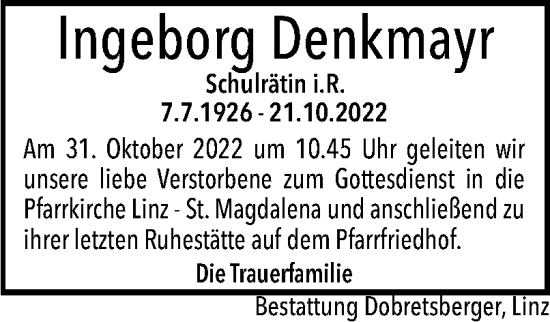 Traueranzeige von Ingeborg Denkmayr von OÖNachrichten