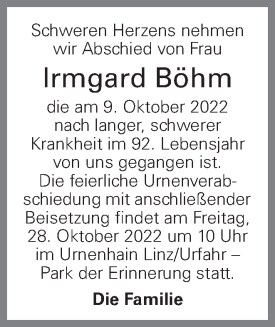 Traueranzeige von Irmgard Böhm von OÖNachrichten