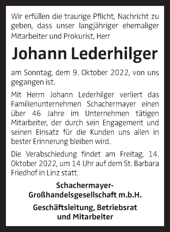 Traueranzeige von Johann Lederhilger von OÖNachrichten