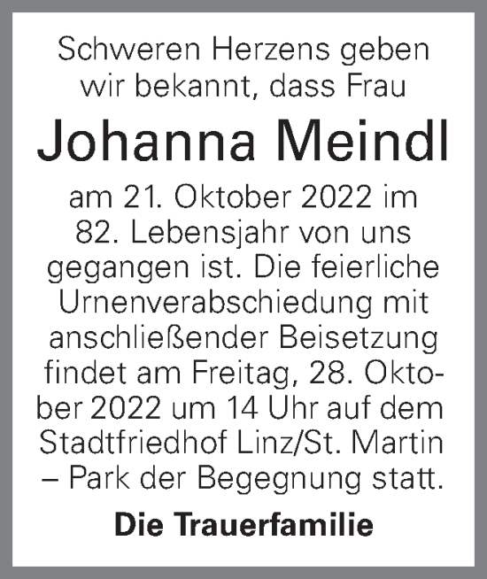 Traueranzeige von Johanna Meindl von OÖNachrichten