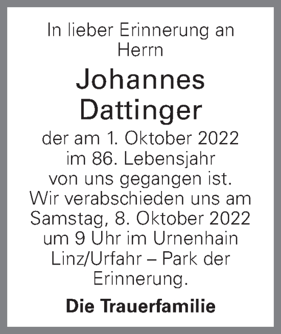 Traueranzeige von Johannes Dattinger von OÖNachrichten
