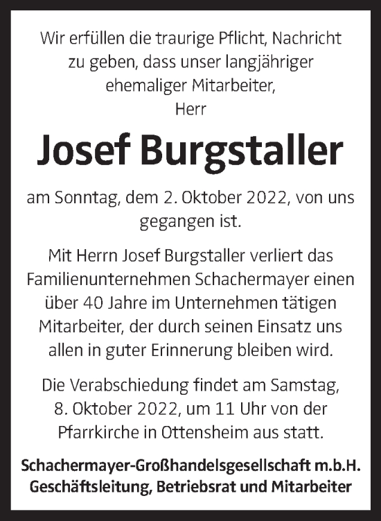 Traueranzeige von Josef Burgstaller von OÖNachrichten