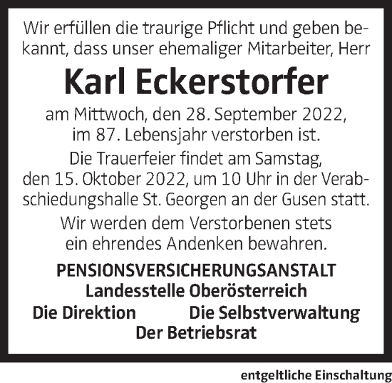 Traueranzeige von Karl Eckerstorfer von OÖNachrichten