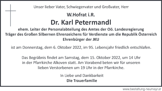 Traueranzeige von Karl Petermandl von OÖNachrichten