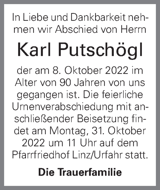 Traueranzeige von Karl Putschögl von OÖNachrichten