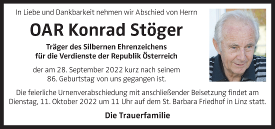 Traueranzeige von Konrad Stöger von OÖNachrichten