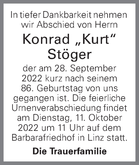 Traueranzeige von Konrad Stöger von OÖNachrichten