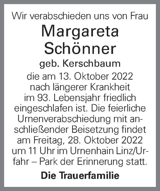 Traueranzeige von Margareta Schönner von OÖNachrichten