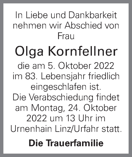 Traueranzeige von Olga Kornfellner von OÖNachrichten