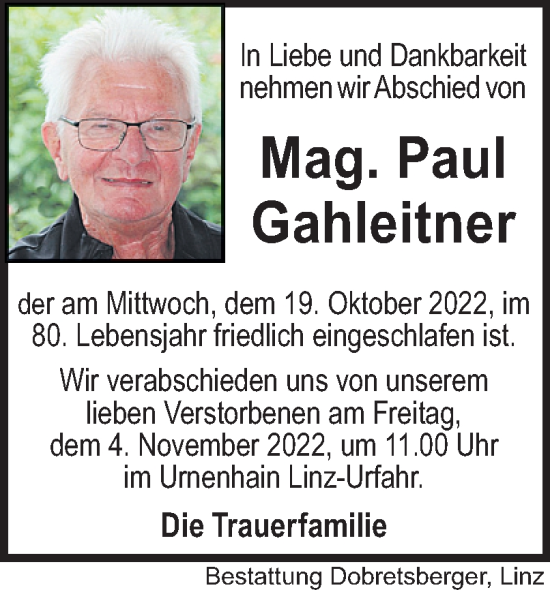 Traueranzeige von Paul Gahleitner von OÖNachrichten