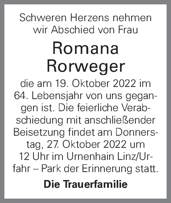 Traueranzeige von Romana Rorweger von OÖNachrichten