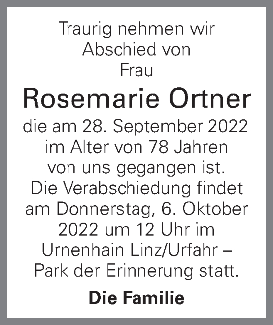 Traueranzeige von Rosemarie Ortner von OÖNachrichten
