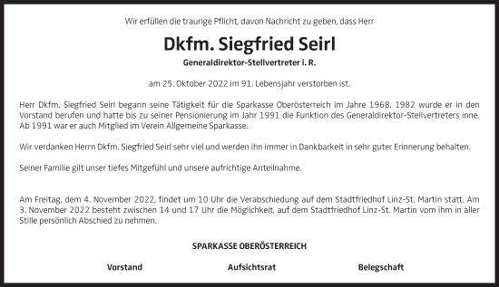 Traueranzeige von Siegfried Seirl von OÖNachrichten
