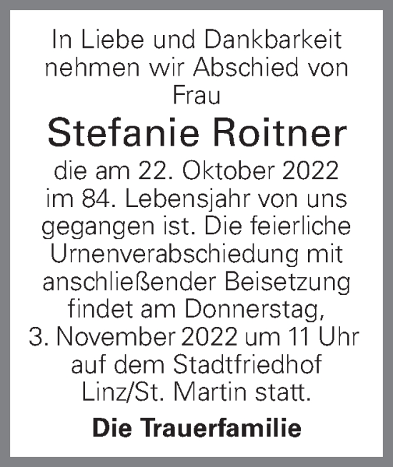 Traueranzeige von Stefanie Roitner von OÖNachrichten