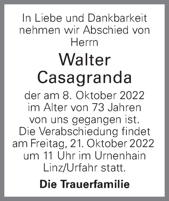 Traueranzeige von Walter Casagranda von OÖNachrichten