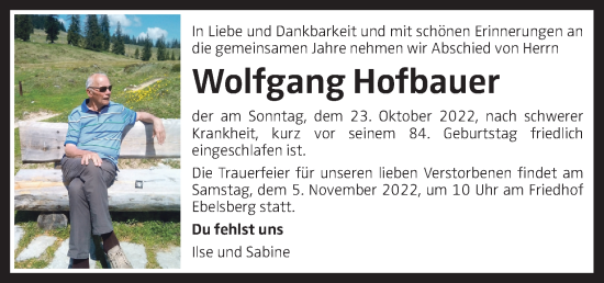 Traueranzeige von Wolfgang Hofbauer von OÖNachrichten