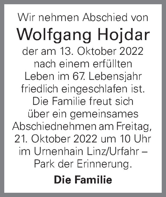 Traueranzeige von Wolfgang Hojdar von OÖNachrichten