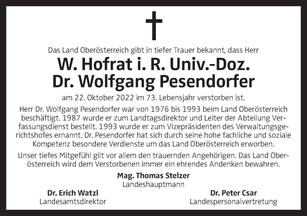  Traueranzeige für Wolfgang Pesendorfer vom 27.10.2022 aus OÖNachrichten