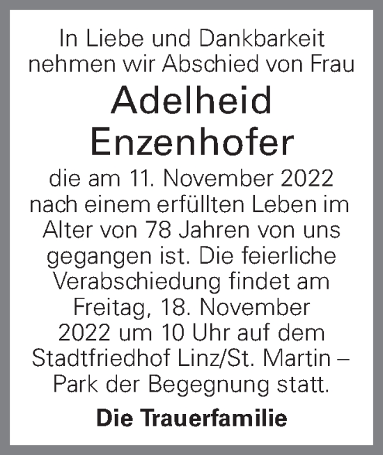 Traueranzeige von Adelheid Enzenhofer von OÖNachrichten