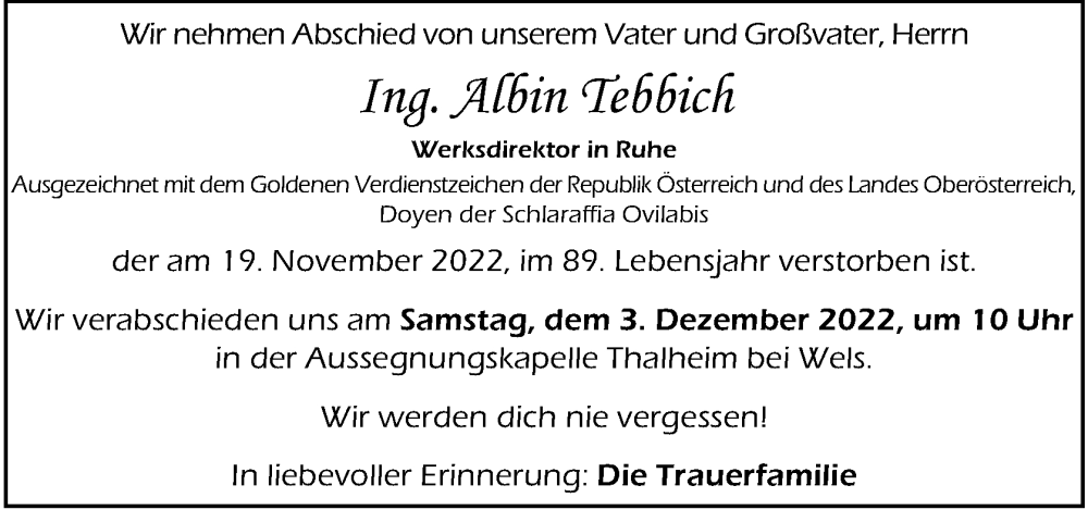  Traueranzeige für Albin Tebbich vom 24.11.2022 aus OÖNachrichten