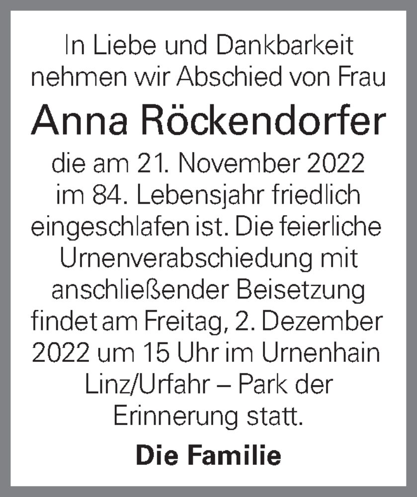  Traueranzeige für Anna Röckendorfer vom 28.11.2022 aus OÖNachrichten