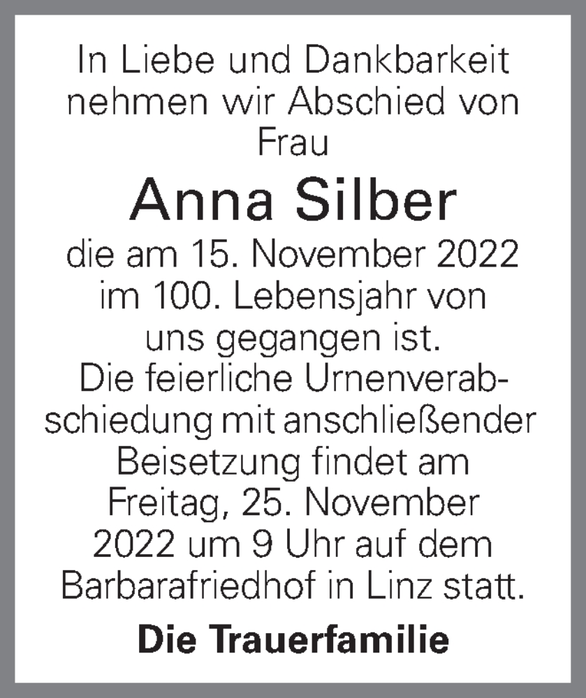  Traueranzeige für Anna Silber vom 24.11.2022 aus OÖNachrichten