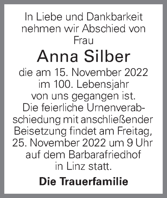 Traueranzeige von Anna Silber von OÖNachrichten